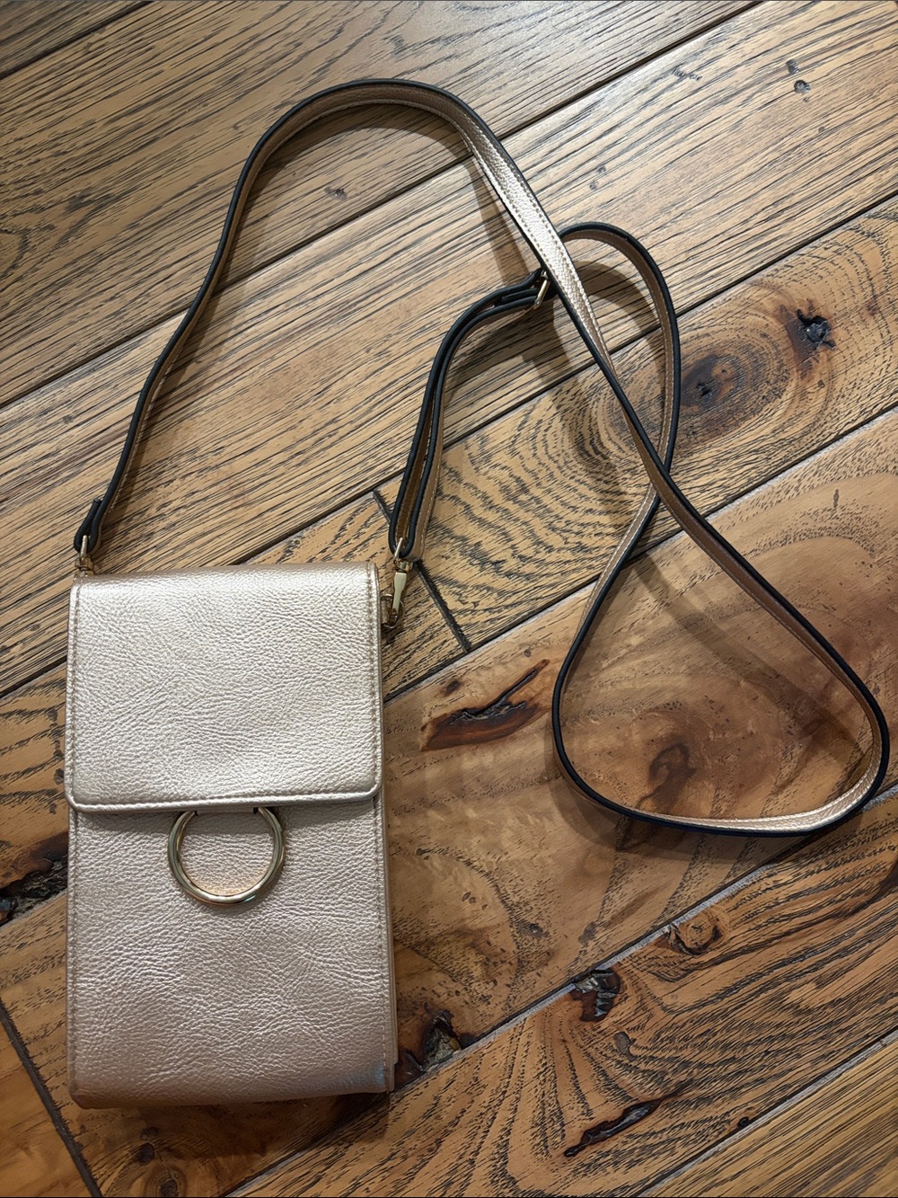 Metallic Champagne Crossbody Phone Bag with Gold Ring Accent